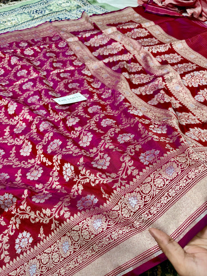 100% Pure Katan Silk Banarasi Saree – Red × Magenta Dual Tone Rupa Meenakari Banarasi Saree