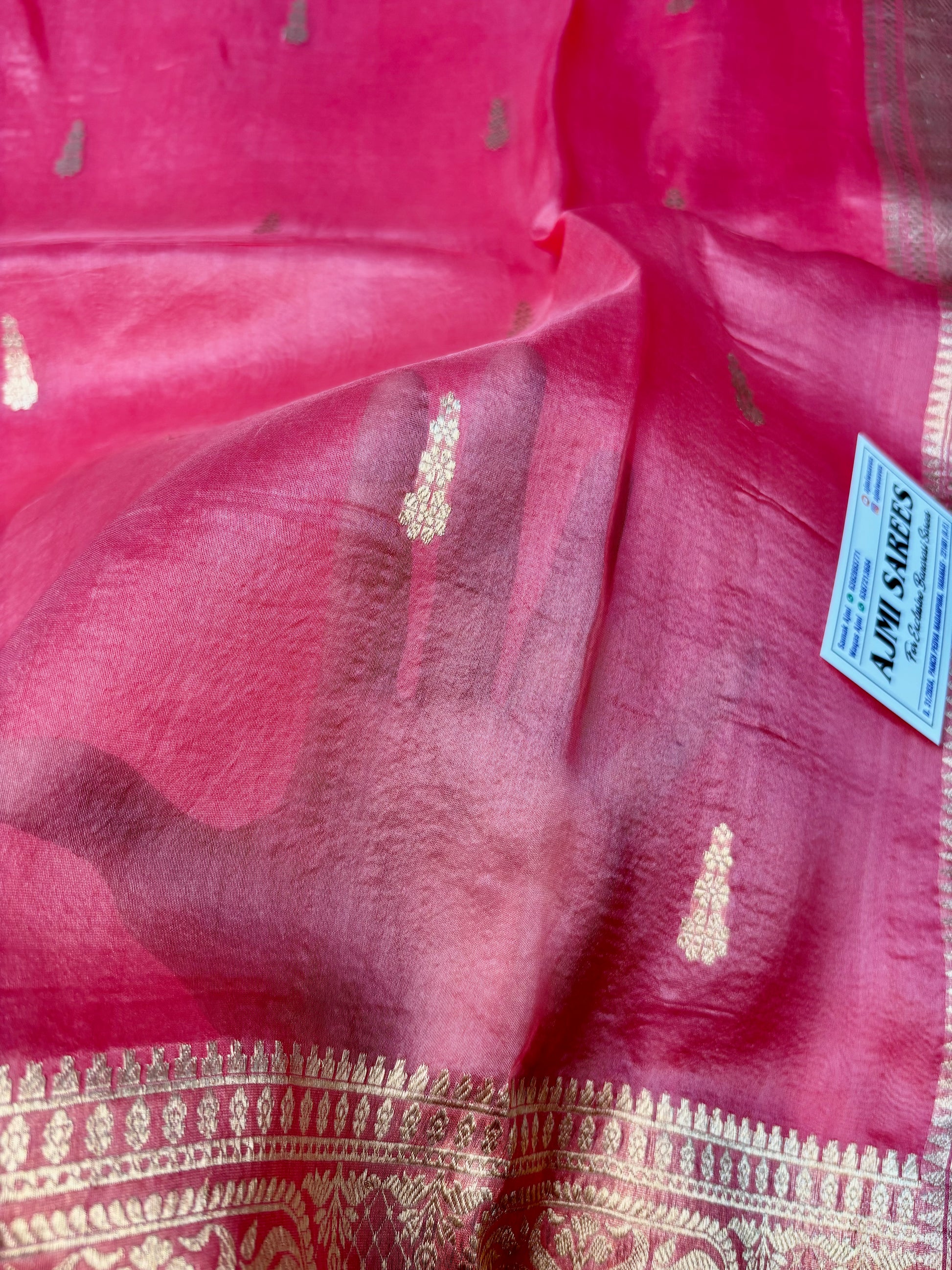 Gajri pinkish-red Kora silk Banarasi saree with unique triple zari borders