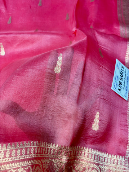 Gajri pinkish-red Kora silk Banarasi saree with unique triple zari borders