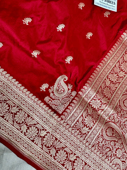 100% Pure Katan Silk Handloom Banarasi Saree – Bloody Red Kadwa Buti with Traditional Koniya Pure Katan Silk Banarasi Saree