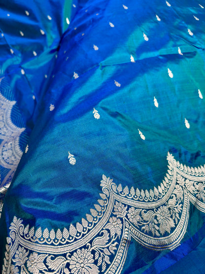 handloom kadwa banarasi saree peacock blue silk traditional weaving
