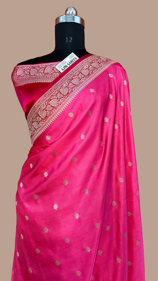 Luxury Mashru Katan Silk Banarasi saree in strawberry pink and cherry red