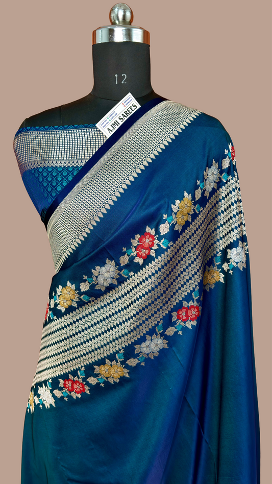Premium Mashru Katan Silk Banarasi Saree – Dual Tone German Blue Banarasi Saree