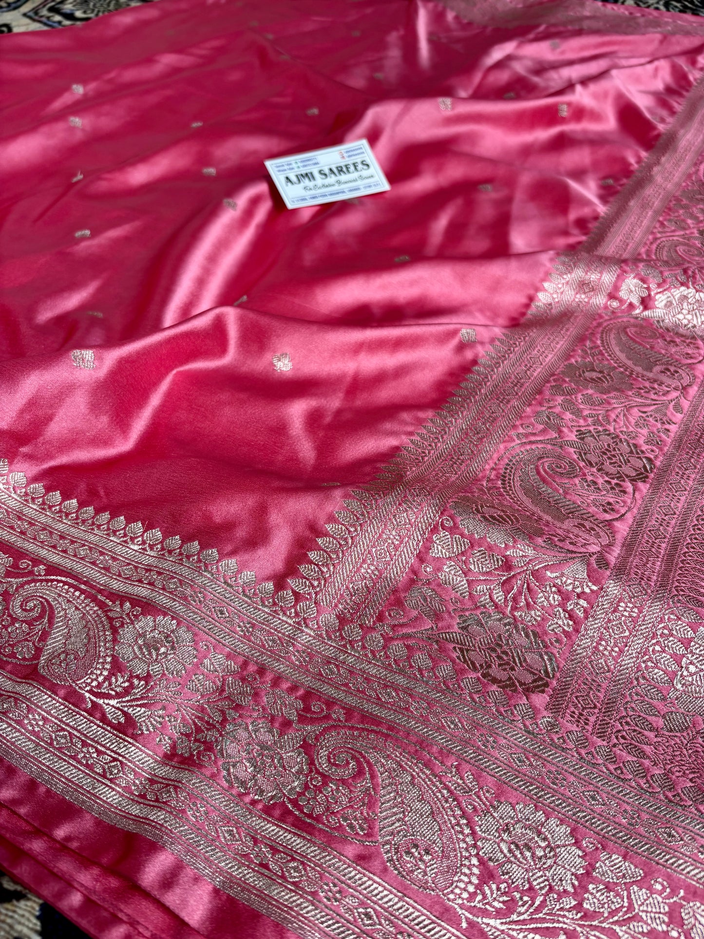 Classic strawberry pink banarasi saree with sona zari small boota