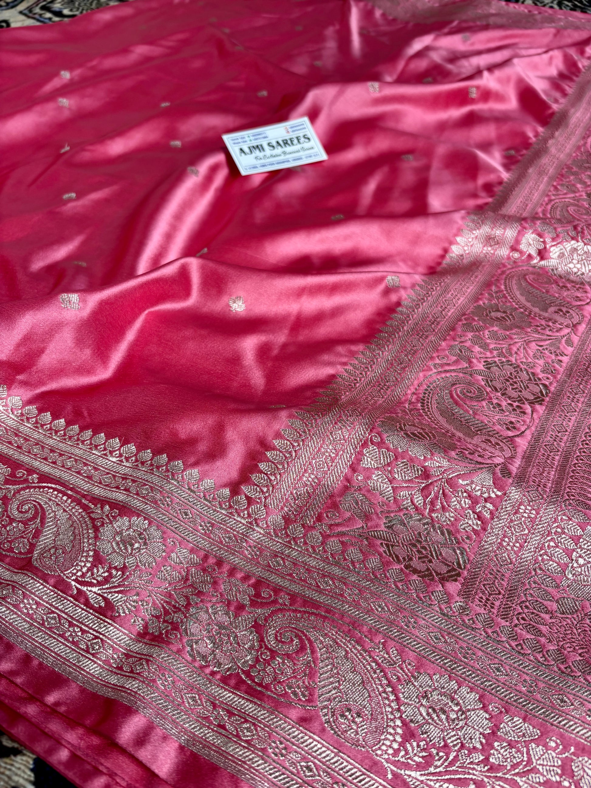Classic strawberry pink banarasi saree with sona zari small boota