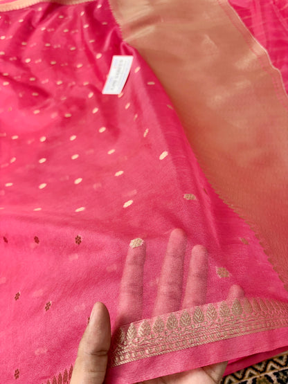 Strawberry Kora Silk Banarasi Saree with All-Over Motifs & Striped Blouse Banarasi Saree