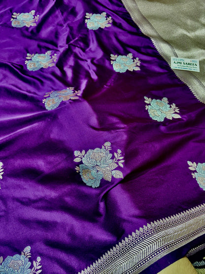 Mashru Katan Silk Purple Banarasi Saree with Sona Rupa Boota and Rich Zari Border Mashru Katan Silk Banarasi Saree