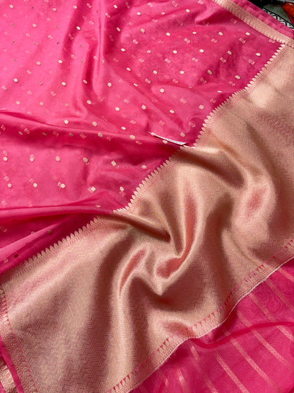Strawberry Kora Silk Banarasi Saree with All-Over Motifs & Striped Blouse Banarasi Saree