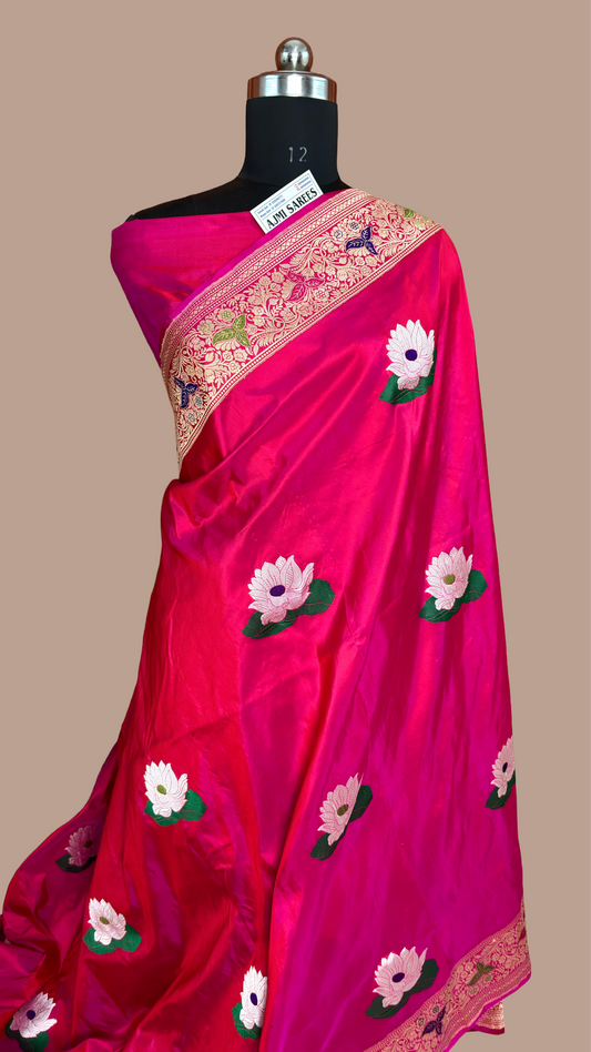 100% Pure Katan Silk Handloom Banarasi Saree – Dual Tone Rani Red | Kadwa Tilfi Lotus Boota | Meenakari Border Pure Katan Silk Banarasi Saree