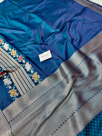 Premium Mashru Katan Silk Banarasi Saree – Dual Tone German Blue Banarasi Saree