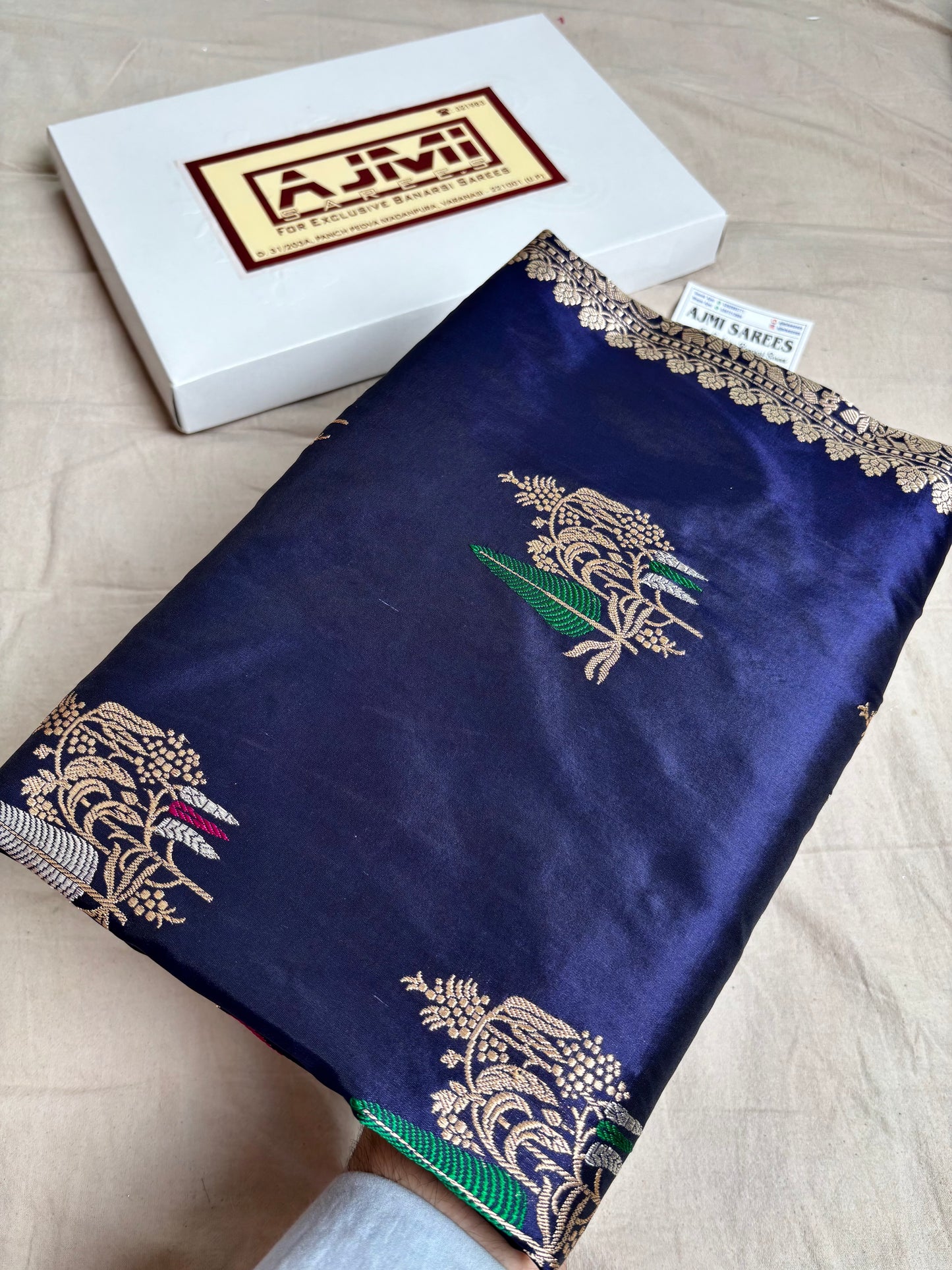 100% Pure Katan Silk Handloom Banarasi Saree in Navy Blue | All Over Kadwa Tilfi Boota Pure Katan Silk Banarasi Saree