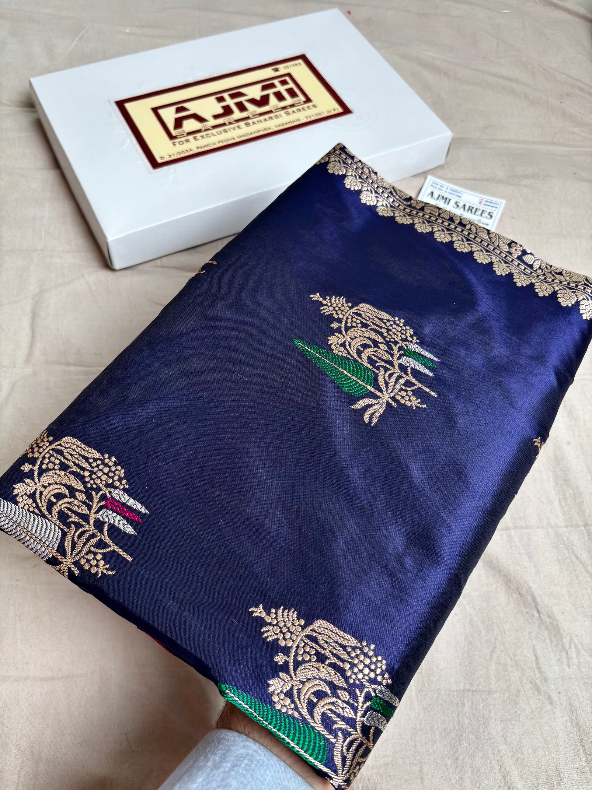 100% Pure Katan Silk Handloom Banarasi Saree in Navy Blue | All Over Kadwa Tilfi Boota Pure Katan Silk Banarasi Saree