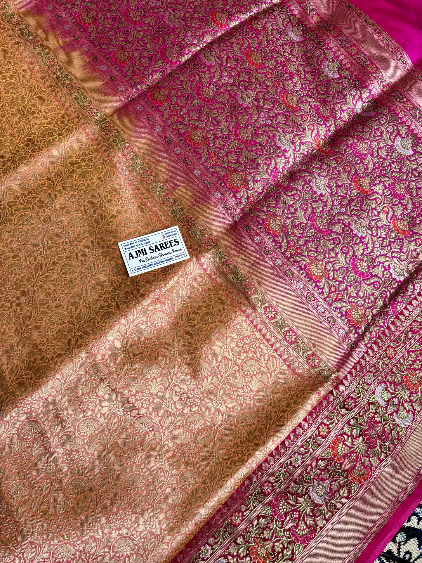 100% Pure Katan Silk Handloom Banarasi Saree – Peach Dual Tone Tanchoi Brocade Body with Tilfi Weave & Contrast Rani Border Pure Katan Silk Banarasi Saree