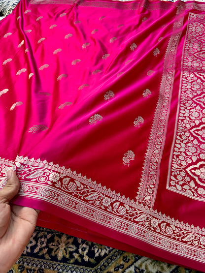 Premium Mashru Katan Silk Banarasi Saree – Rani × Red Dual Tone Banarasi Saree
