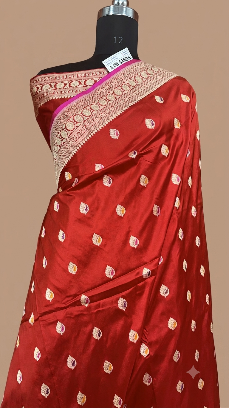 100% Pure Katan Silk Handloom Banarasi Saree – All Over Kadwa Meenakari Motifs Pure Katan Silk Banarasi Saree