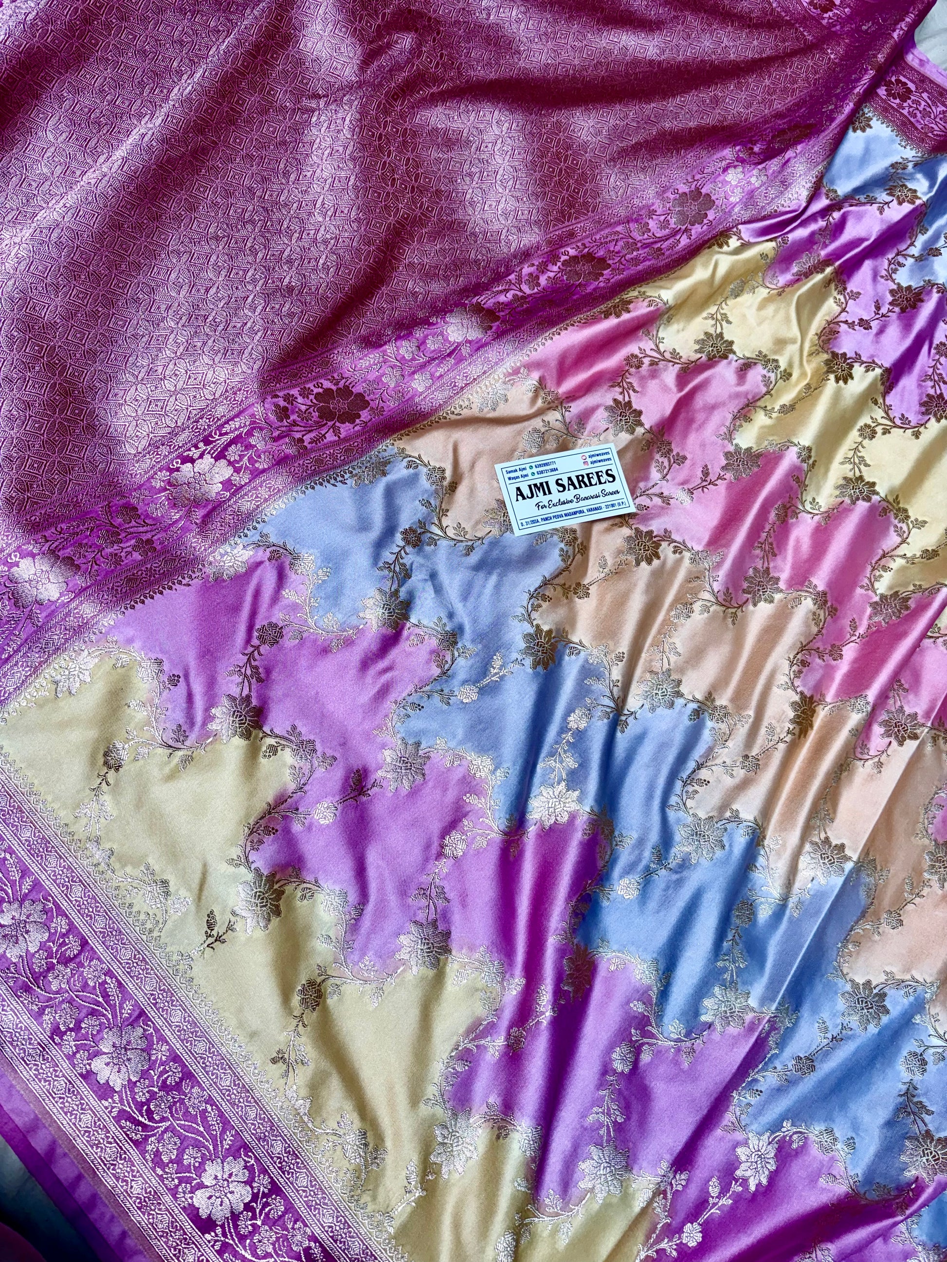 Mashru Katan Silk Rangkat Banarasi Saree – Pink, Tussar, Sky Blue & Yellow Mashru Katan Silk Banarasi Saree