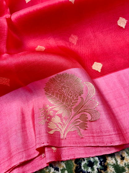 100% Pure Kora Silk Handloom Banarasi Saree – Pink & Red Dual Shade Kadwa Banarasi Saree