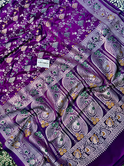 Premium Purple Mashru Katan Silk Banarasi Saree – Meenakari Jaal Banarasi Saree