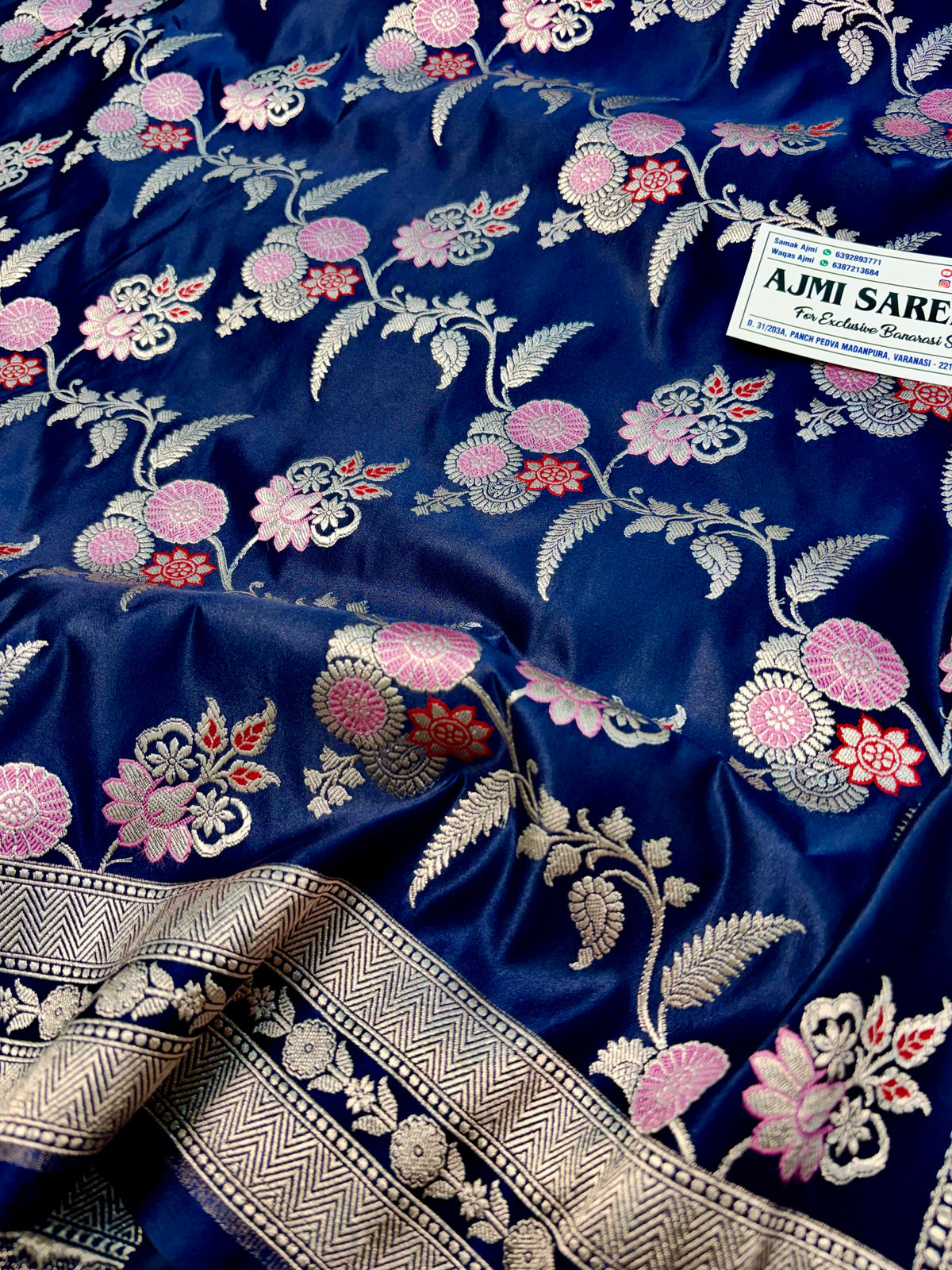 Premium Navy Blue Mashru Katan Silk Banarasi Saree | All-Over Meenakari Jaal Banarasi Saree