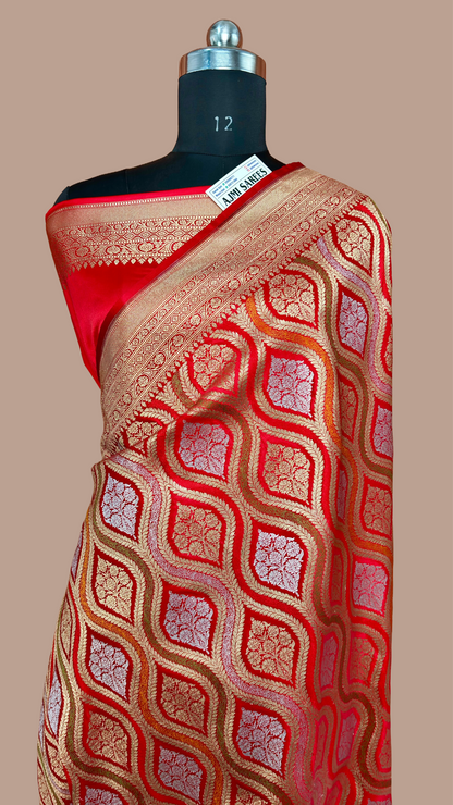 Premium Red Mashru Katan Silk Banarasi Saree with Intricate Meenakari-Inspired Jaal Banarasi Saree