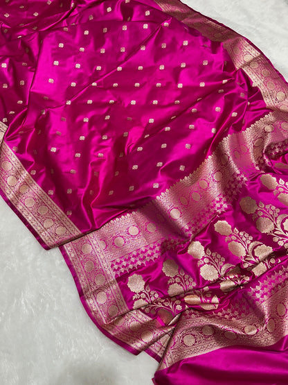 Premium Red Mashru Katan Silk Banarasi Saree with Golden Zari Floral Border & Buti Motifs Rani Banarasi Saree