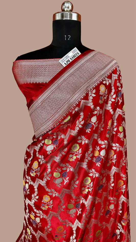 Mashru Katan Silk Red Banarasi Saree with Multicolor Floral Zari Jaal and Rich Traditional Border Mashru Katan Silk Banarasi Saree