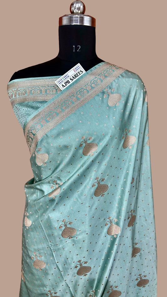 Mashru Katan Silk Dusty Sea Green Banarasi Saree with Elegant Zari Boota & Thin Border Mashru Katan Silk Banarasi Saree