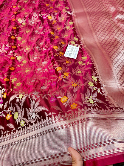 Premium Mashru Katan Silk Banarasi Saree in Burgundy with Multicolor Floral Jaal Banarasi Saree