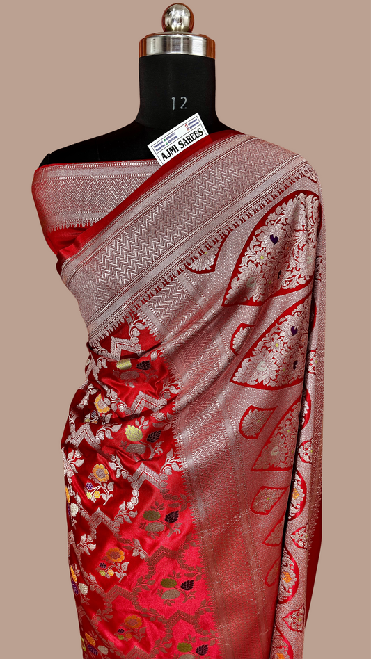 Mashru Katan Silk Red Banarasi Saree with Multicolor Floral Zari Jaal and Rich Traditional Border Mashru Katan Silk Banarasi Saree
