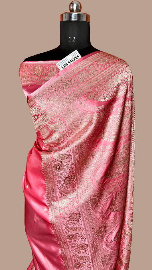 Elegant strawberry pink banarasi saree with traditional woven border