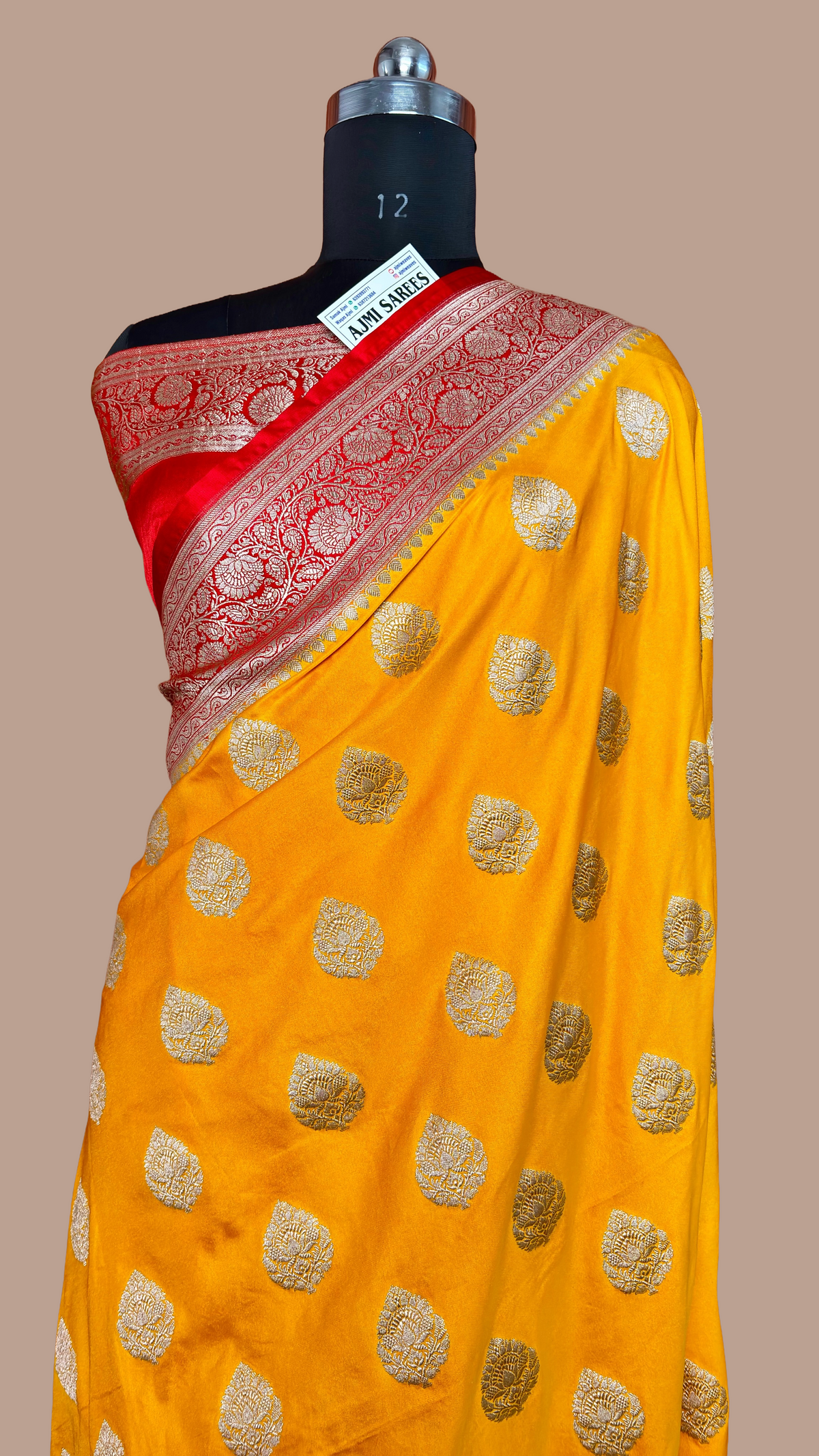 Premium Mashru Katan Silk Banarasi Saree – Golden Yellow with Contrast Red Border Banarasi Saree