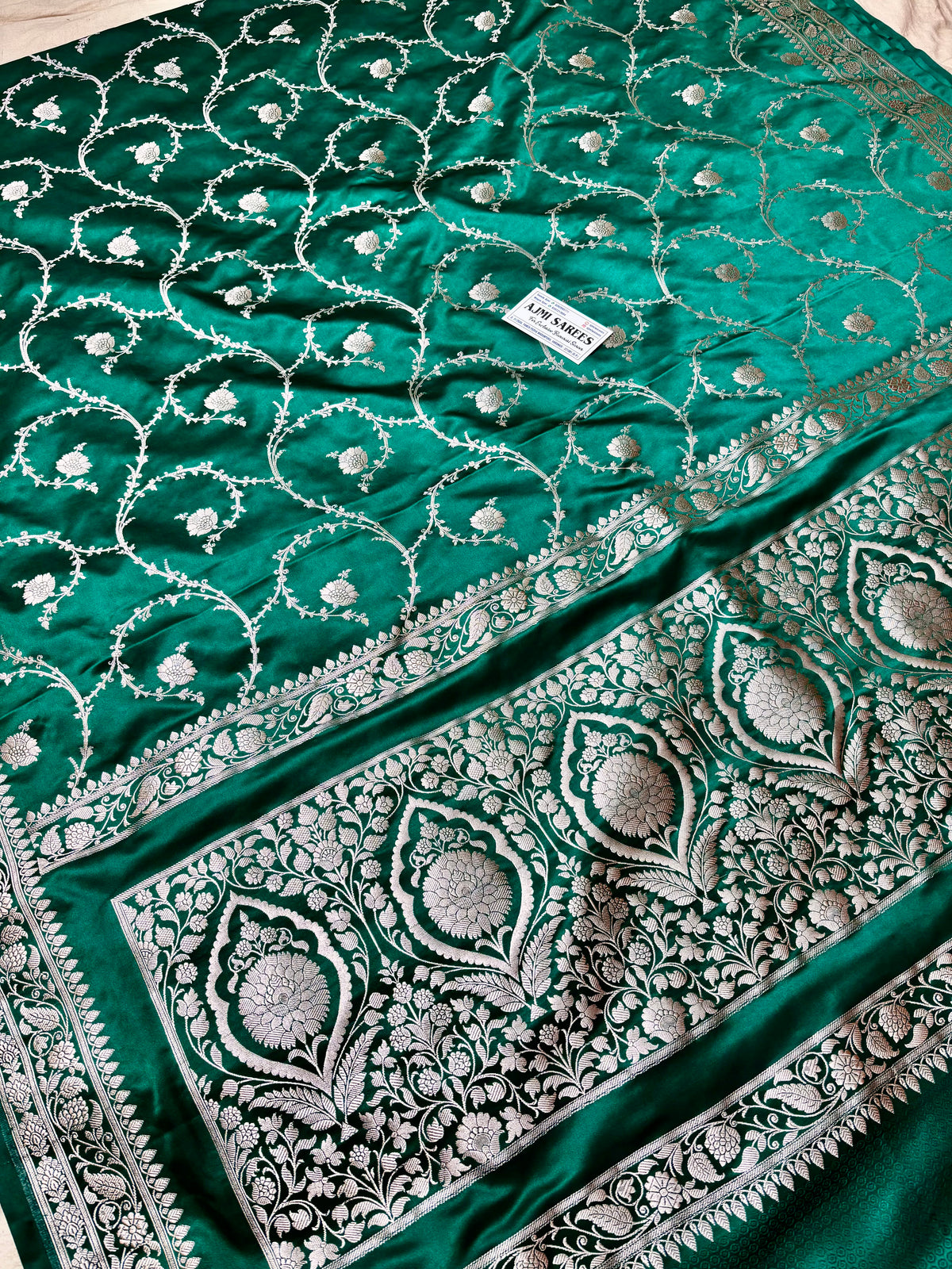 Rama green silk saree with intricate Banarasi zari work