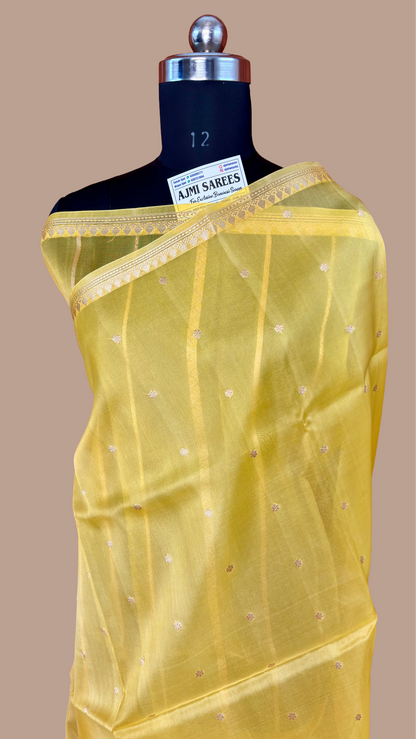 Pure Kora Silk Handloom Banarasi Saree in Peach with 6-Petal Kadwa Zari Motifs Yellow Pure Kora Organza Silk