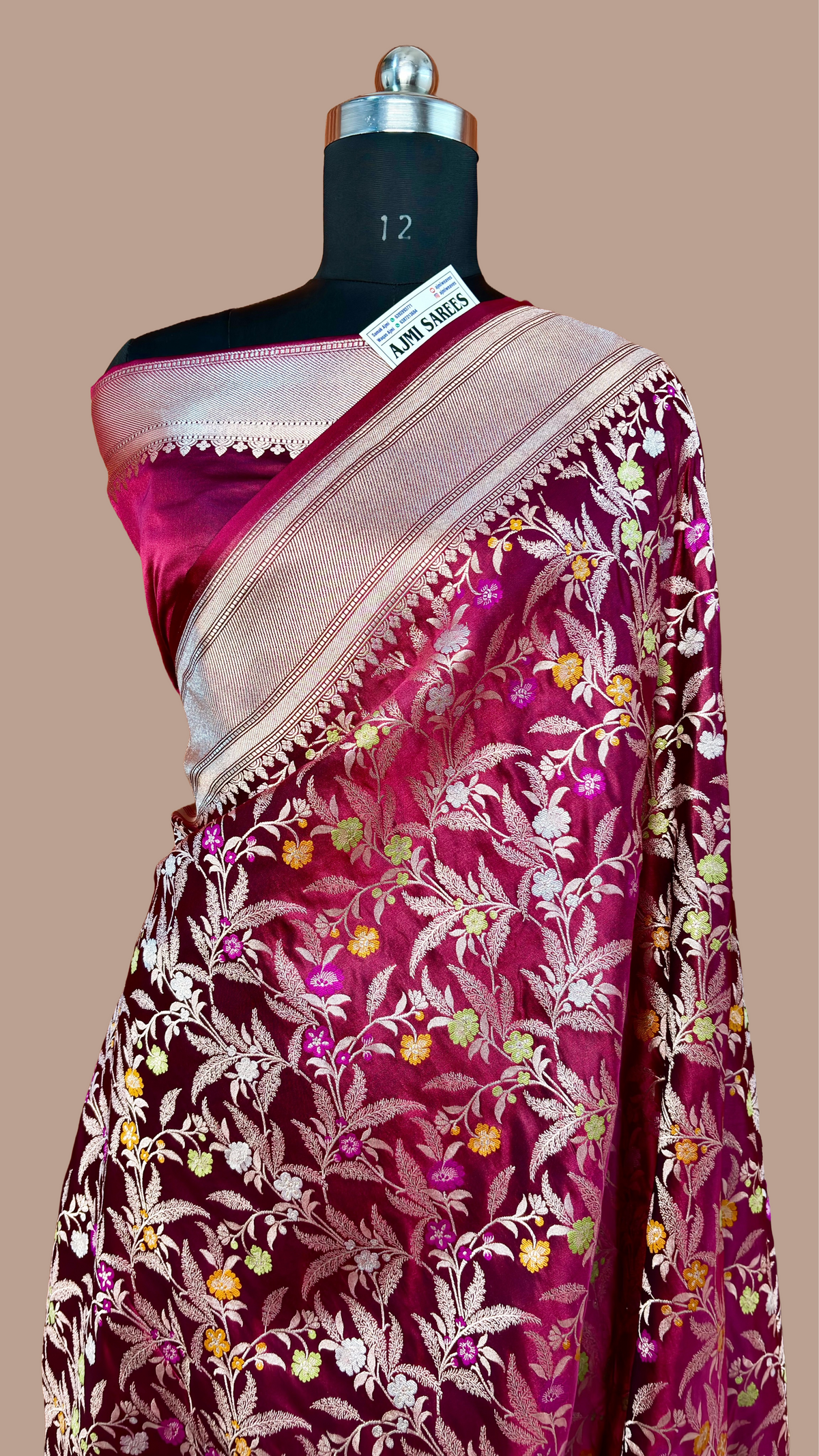 Premium Mashru Katan Silk Banarasi Saree in Burgundy with Multicolor Floral Jaal Banarasi Saree