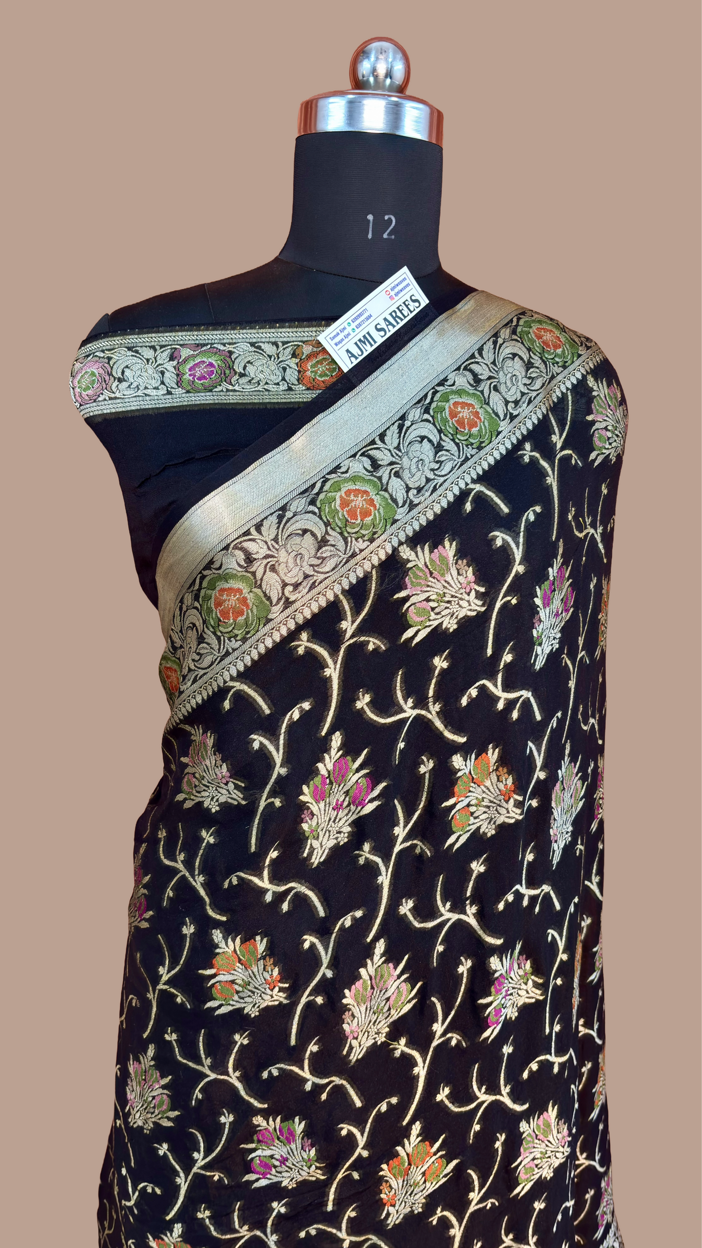 Pure black Khaddi Chiffon Banarasi handloom saree with floral butas