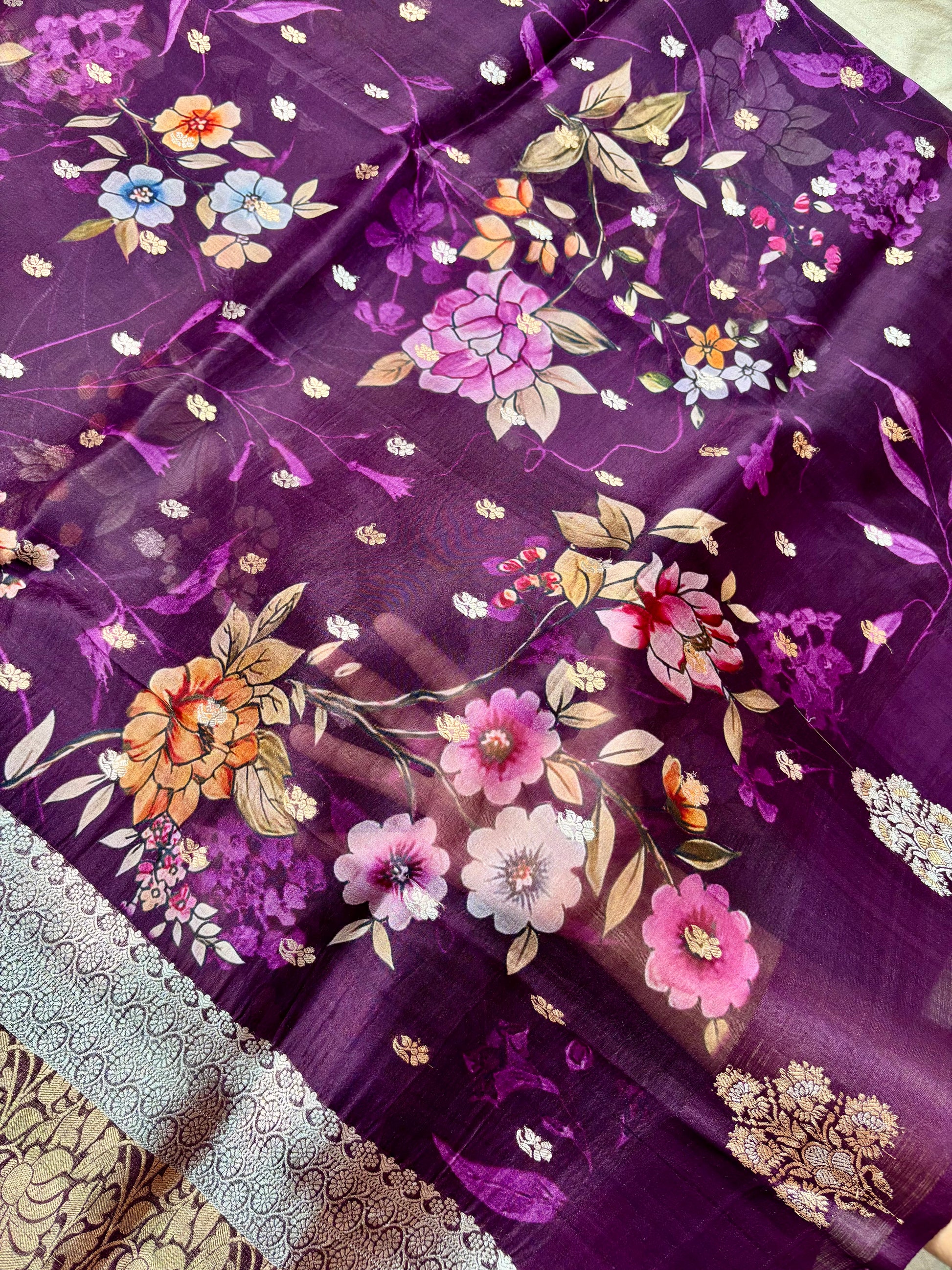 100% Pure Kora Silk Handloom Banarasi Saree – Wine Color | Sona Rupa Kadwa Motifs with Digital Floral Print Pure Kora Organza Silk