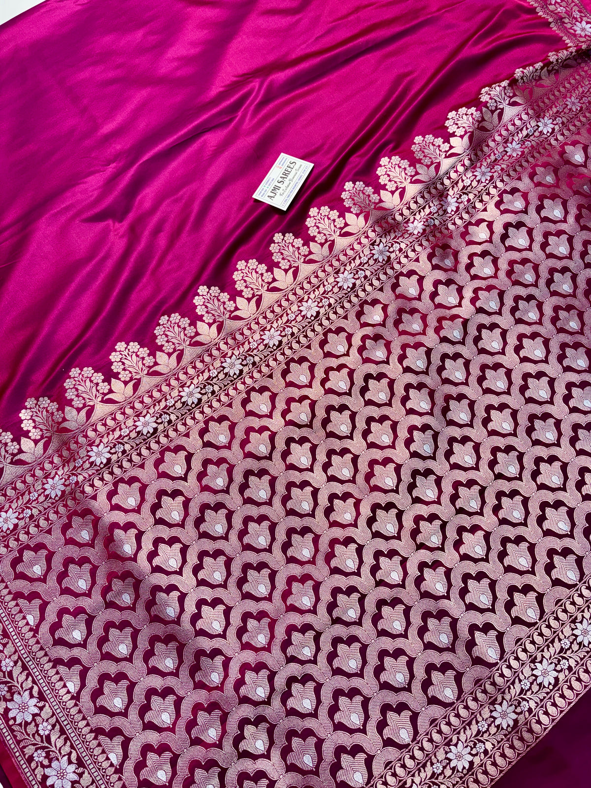 Magenta red dual tone Mashru Katan silk Banarasi saree with Meenakari zari
