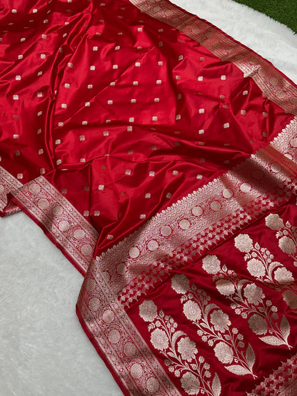 Premium Red Mashru Katan Silk Banarasi Saree with Golden Zari Floral Border & Buti Motifs Banarasi Saree