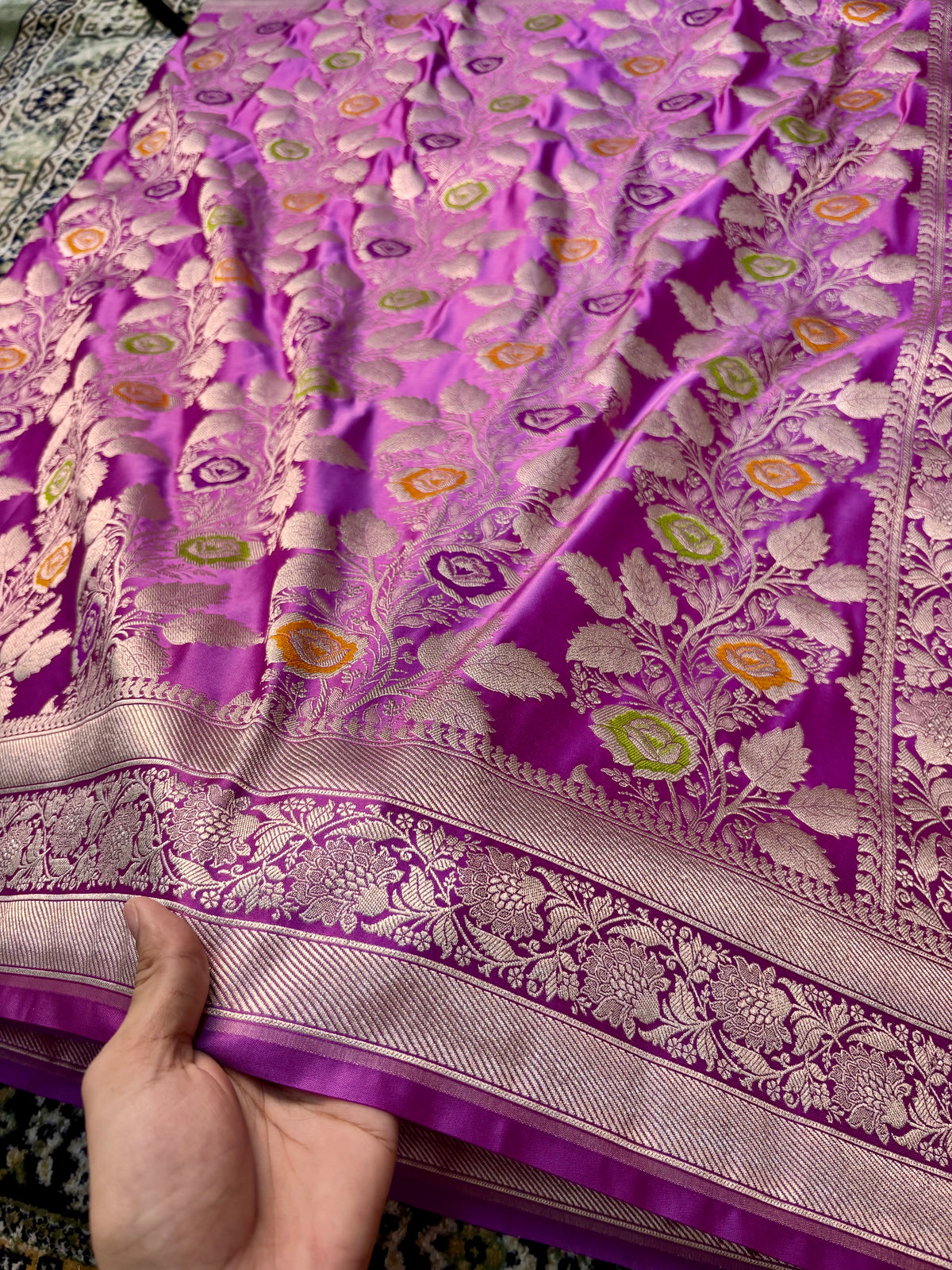 Premium Mashru Katan Silk Banarasi Saree – Lavender with Golden Zari Banarasi Saree