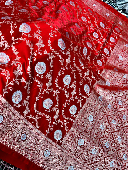 banarasi saree red with intricate zari border detail