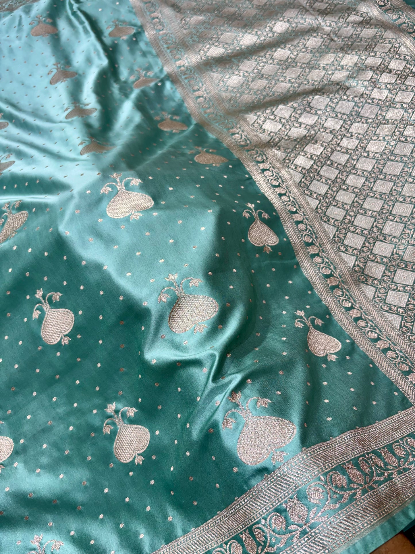 Mashru Katan Silk Dusty Sea Green Banarasi Saree with Elegant Zari Boota & Thin Border Mashru Katan Silk Banarasi Saree