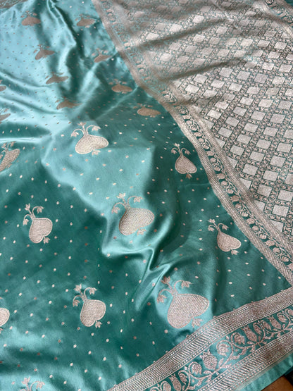 Mashru Katan Silk Dusty Sea Green Banarasi Saree with Elegant Zari Boota & Thin Border Mashru Katan Silk Banarasi Saree