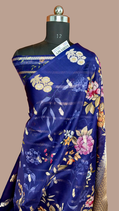 Pure Kora Silk Handloom Navy Blue Banarasi Saree with Sona Rupa Kadwa Motifs