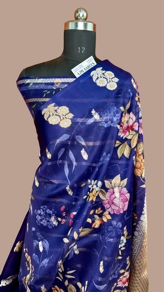 Navy Blue Pure Kora Silk Handloom Banarasi Saree with Sona Rupa Kadwa Motifs & Digital Floral Print Pure Kora Organza Silk