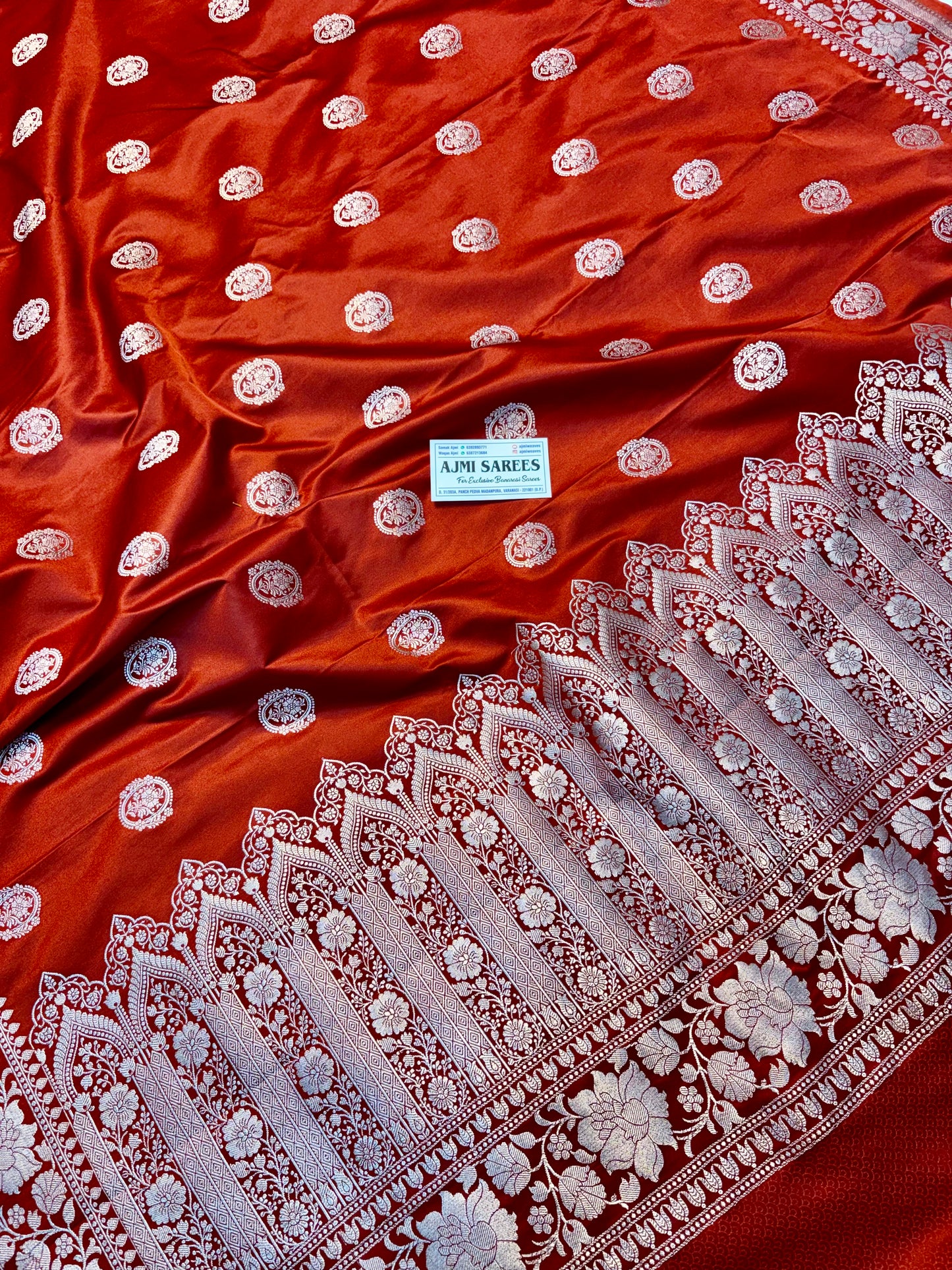Rust orange Mashru Katan silk all-over buta Banarasi saree