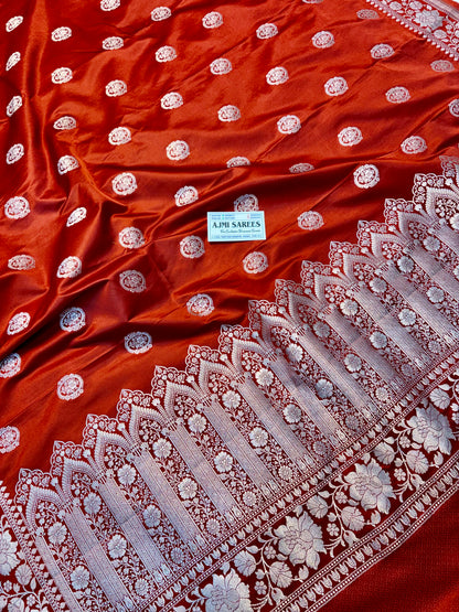 Rust orange Mashru Katan silk all-over buta Banarasi saree