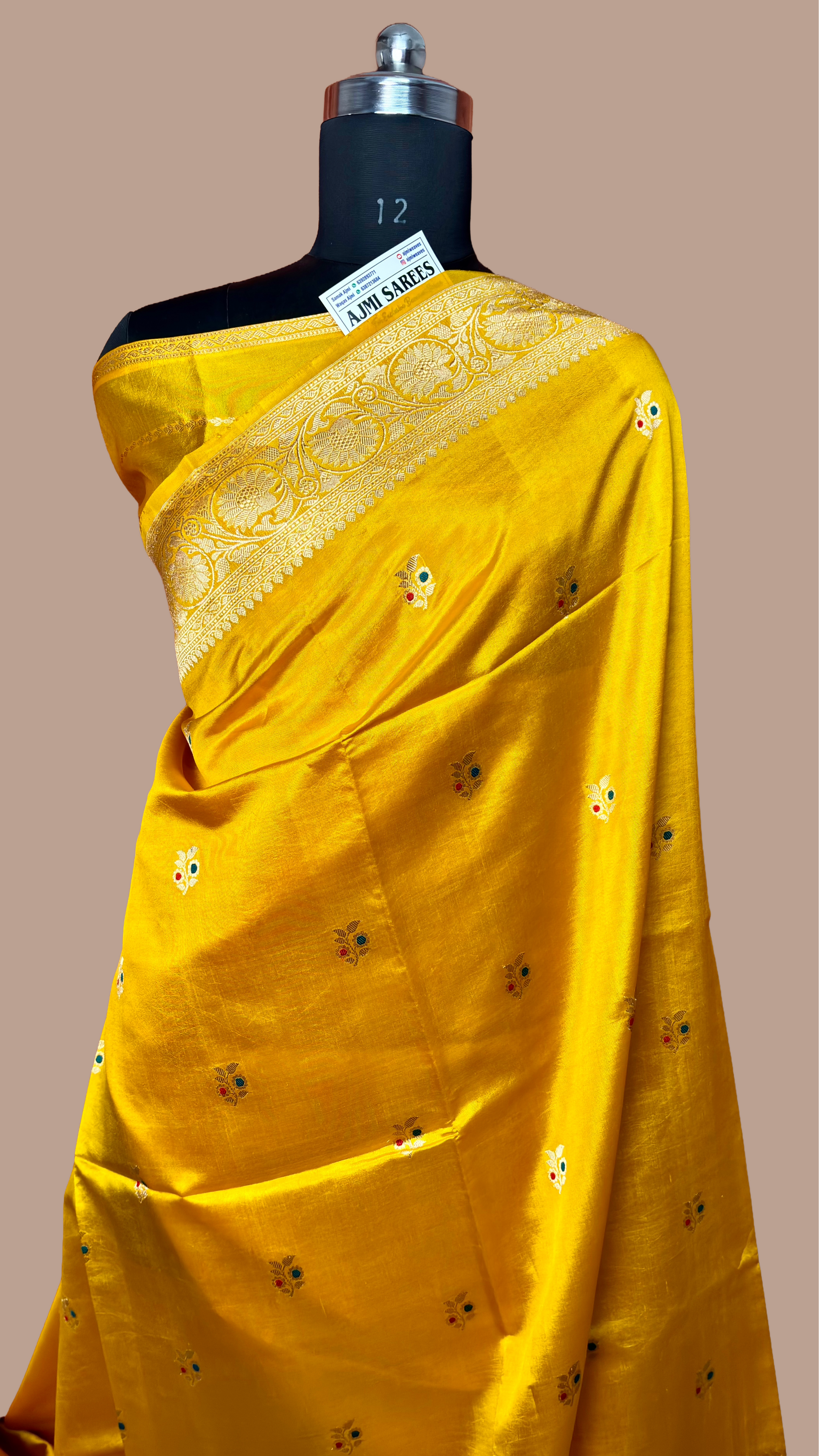 pure mango silk handloom kadwa meenakari banarasi saree mustard gold