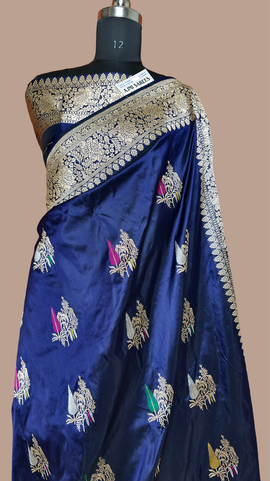 100% Pure Katan Silk Handloom Banarasi Saree in Navy Blue | All Over Kadwa Tilfi Boota Pure Katan Silk Banarasi Saree