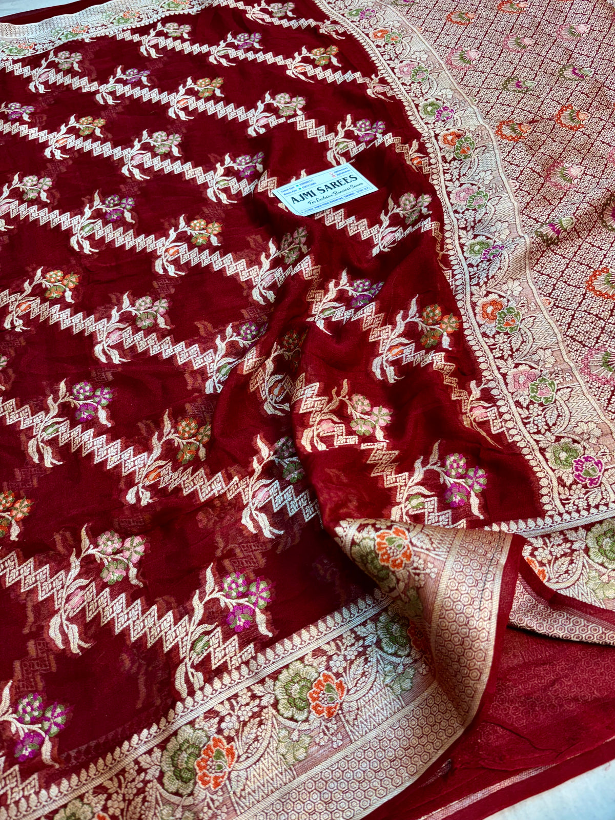 Pure Khaddi Chiffon maroon Banarasi saree with floral motifs