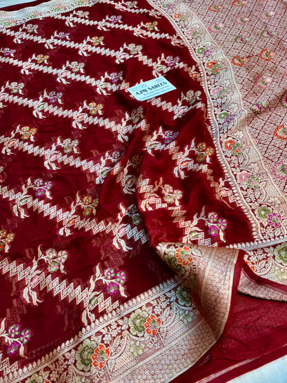 Pure Khaddi Chiffon maroon Banarasi saree with floral motifs